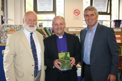 Bishop Alan Abernethy is pictured at the launch of Shadows on the Journey with Paddy Donnelly (left) and Dick Milliken.